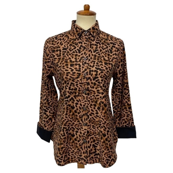 FINALE SALE Chico's Stretch Brown Cheetah Print Collared Button Up - Picture 1 of 3